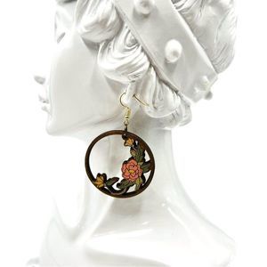 Monarch Blessings Wooden Floral Themed Round Gold Earrings